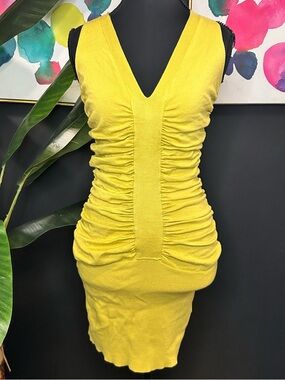 Renee C. Yellow Ruched V-Neck Sleeveless Mini Dress